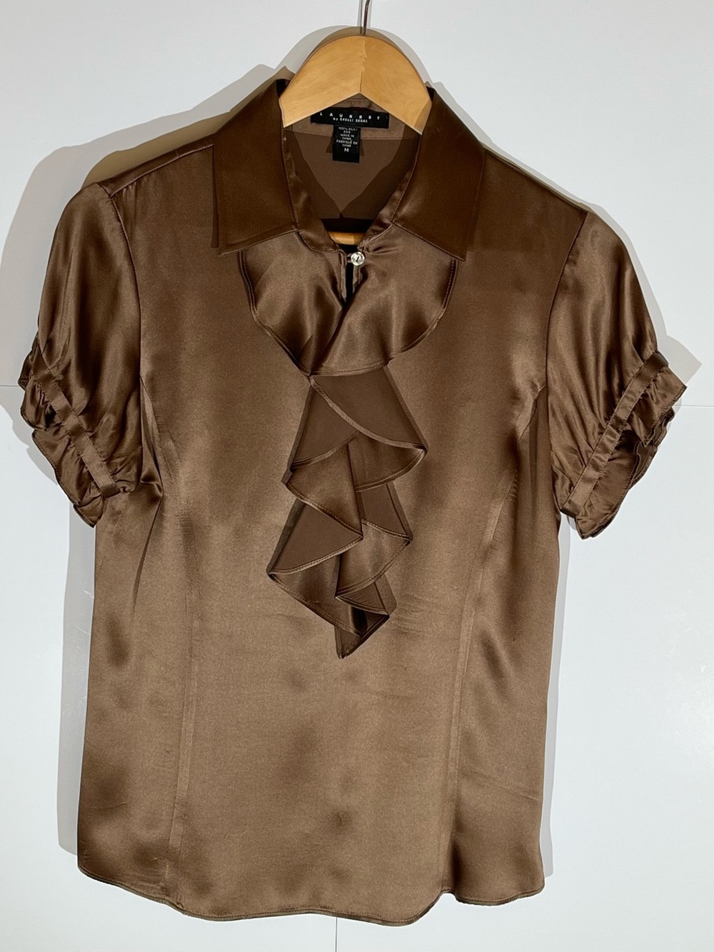 Laundry By Shelli Segal Brown Satin Ruffle Short-Sleeve Blouse 100% Silk, Size M